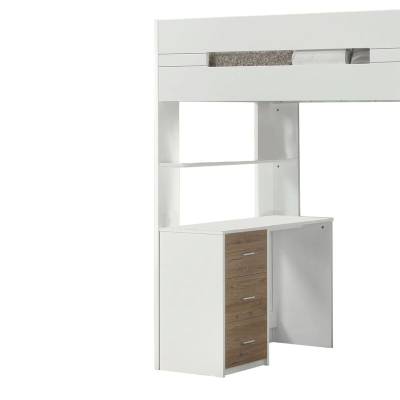 Wooden Twin Size Loft Bunk Bed with Workstation, White and Brown
