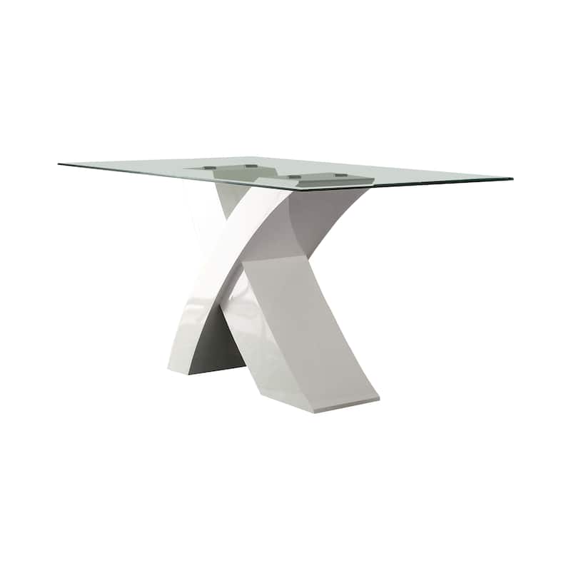 Glass Top Dining Table With X Shape Wooden Base, White and Clear