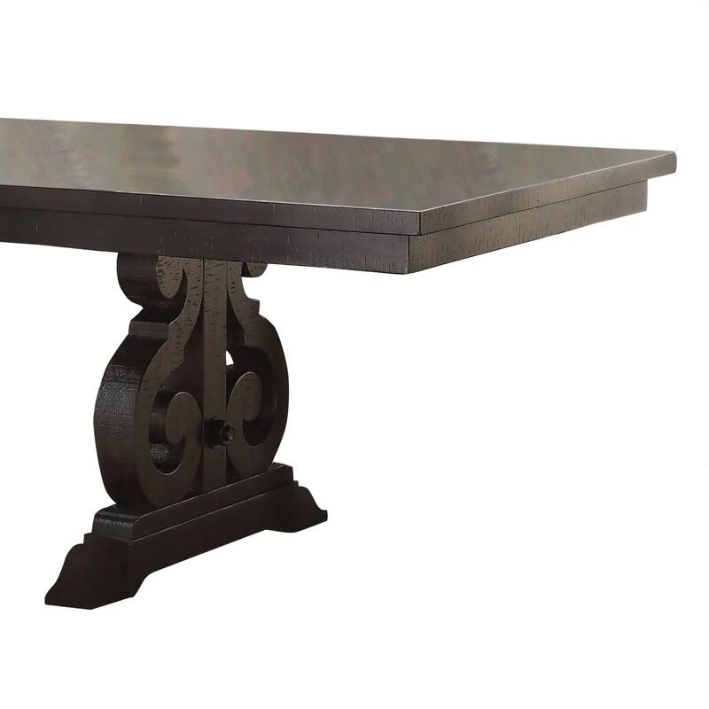 Wooden Rectangular Dining Table With Scrolled Motifs Base, Rustic Walnut