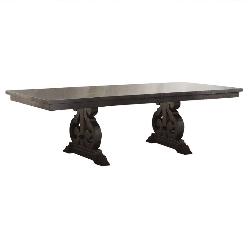 Wooden Rectangular Dining Table With Scrolled Motifs Base, Rustic Walnut