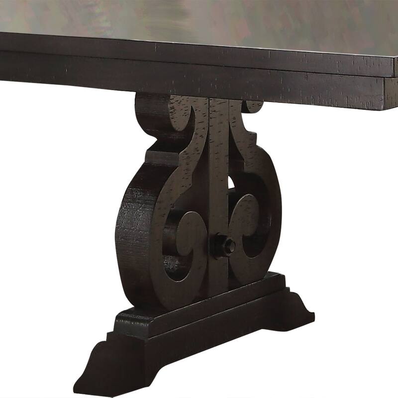 Wooden Rectangular Dining Table With Scrolled Motifs Base, Rustic Walnut