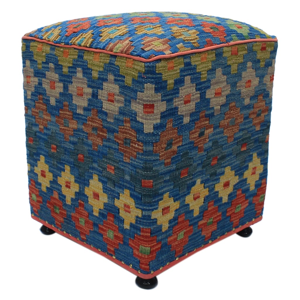 Waltraud Blue/Green Kilim Upholstered Handmade Ottoman