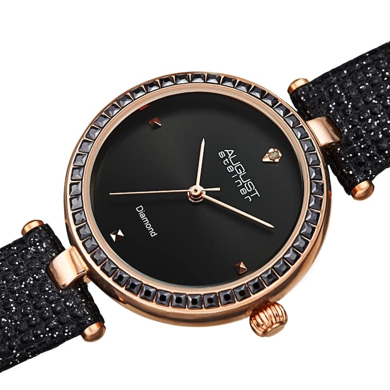 August Steiner Women's Quartz Square Crystal Textured Leather Strap Watch - Black