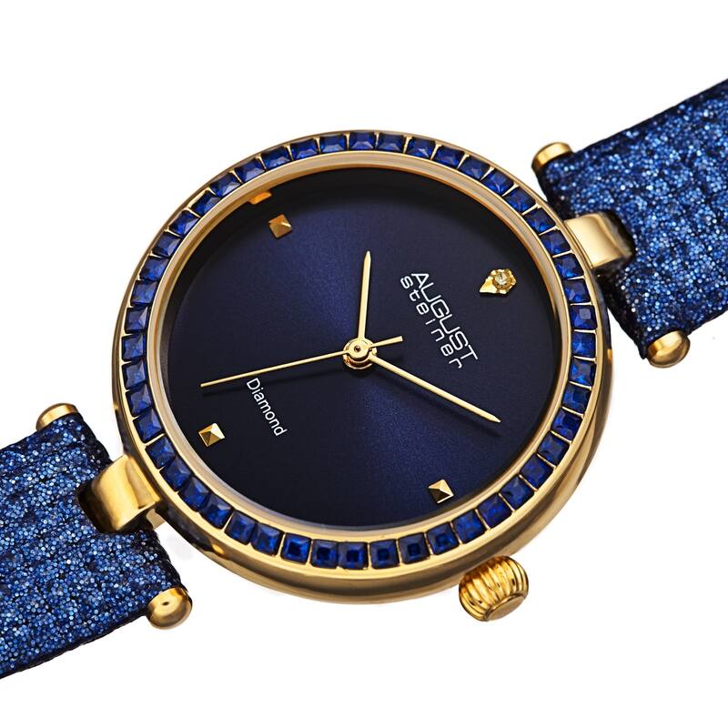 August Steiner Women's Quartz Square Crystal Textured Leather Strap Watch - Blue