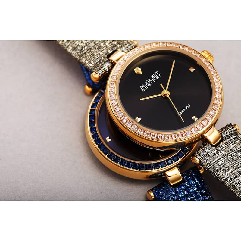 August Steiner Women's Quartz Square Crystal Textured Leather Strap Watch
