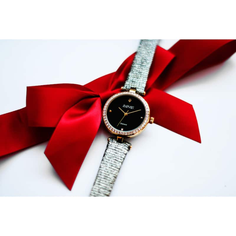 August Steiner Women's Quartz Square Crystal Textured Leather Strap Watch