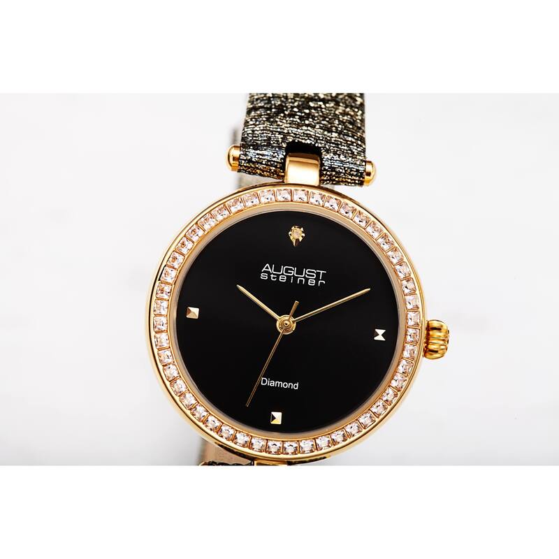 August Steiner Women's Quartz Square Crystal Textured Leather Strap Watch