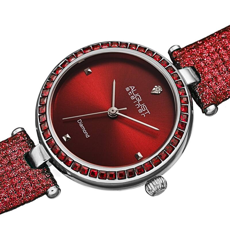 August Steiner Women's Quartz Square Crystal Textured Leather Strap Watch - Red