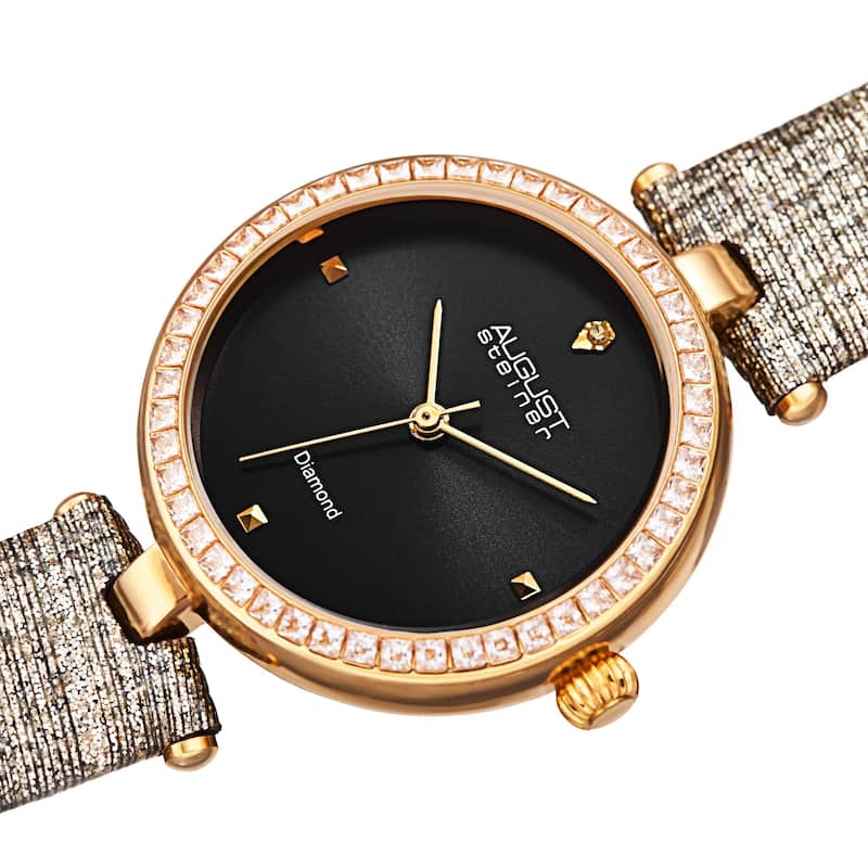 August Steiner Women's Quartz Square Crystal Textured Leather Strap Watch