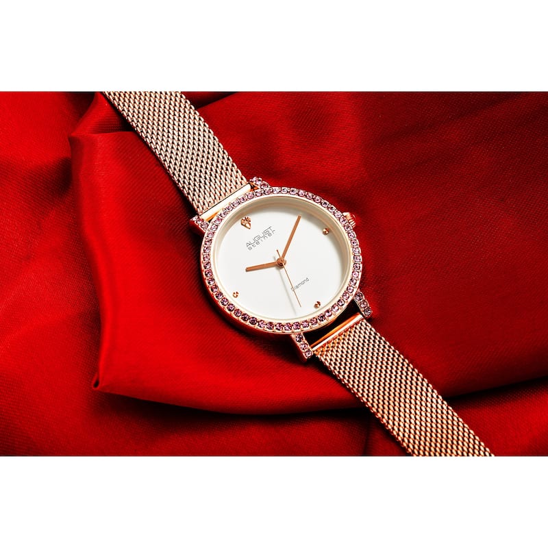 August Steiner Women's Quartz Diamond and Crystal Stainless Steel Mesh Band Watch