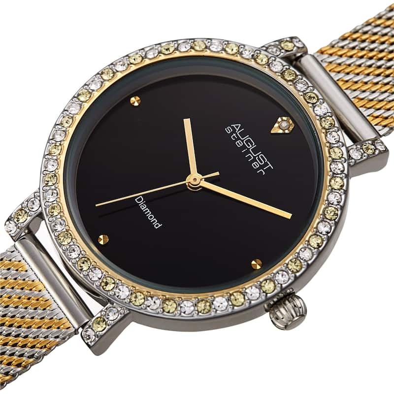 August Steiner Women's Quartz Diamond and Crystal Stainless Steel Mesh Band Watch - Two Tone Gold