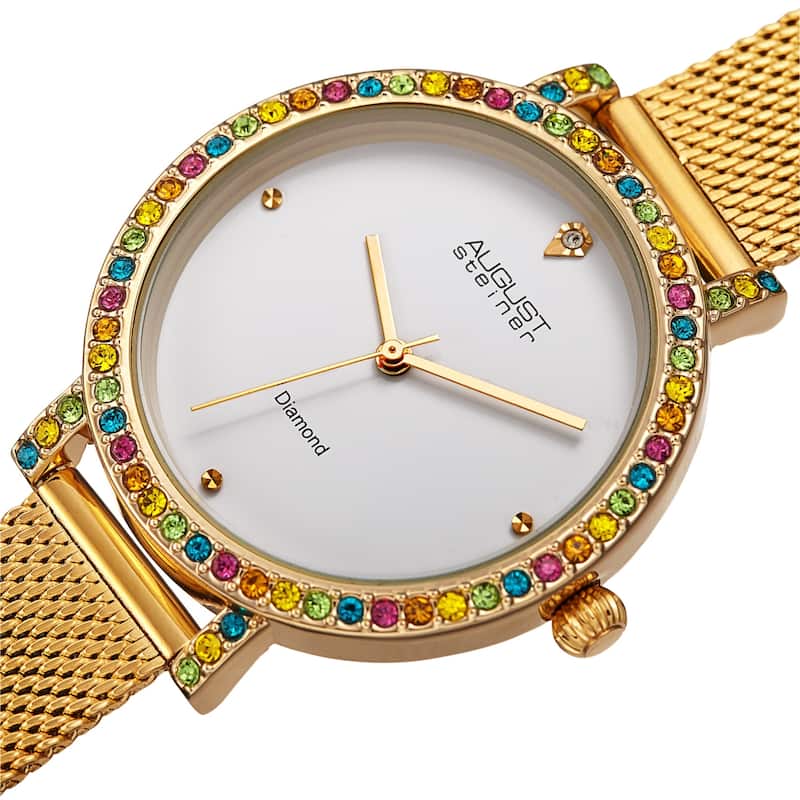 August Steiner Women's Quartz Diamond and Crystal Stainless Steel Mesh Band Watch - Yellow Gold