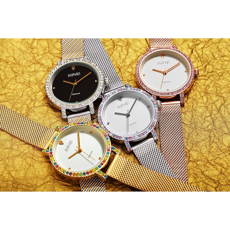 August Steiner Women's Quartz Diamond and Crystal Stainless Steel Mesh Band Watch