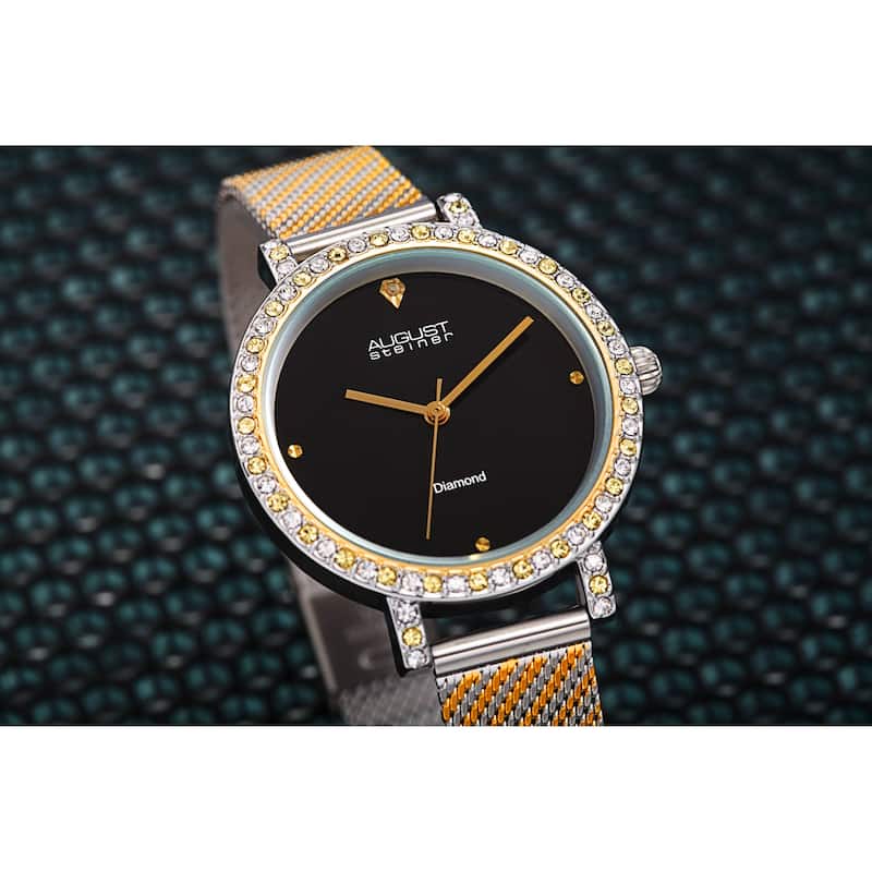 August Steiner Women's Quartz Diamond and Crystal Stainless Steel Mesh Band Watch