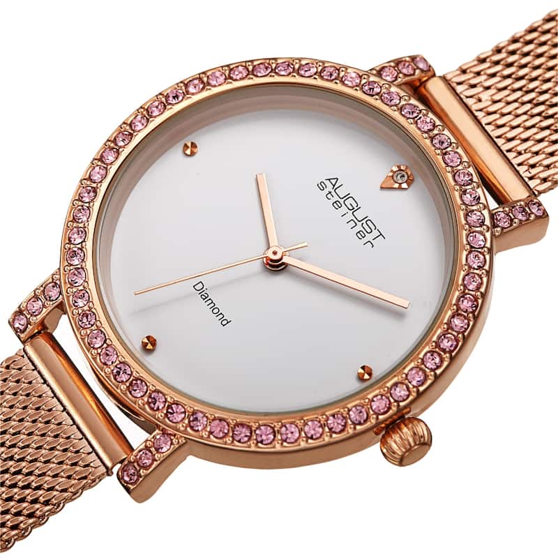 August Steiner Women's Quartz Diamond and Crystal Stainless Steel Mesh Band Watch