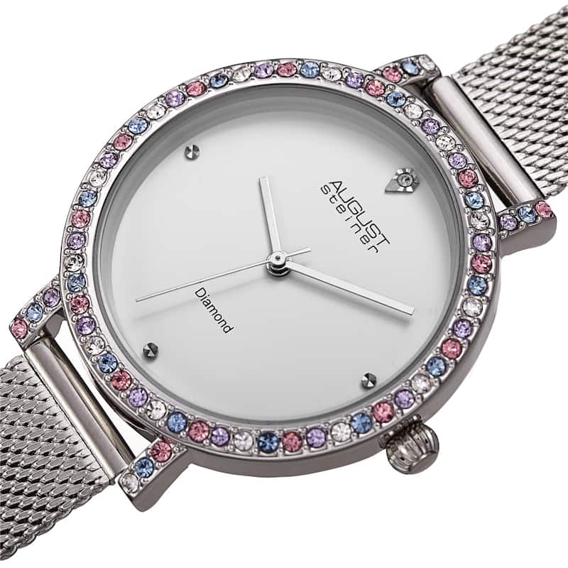 August Steiner Women's Quartz Diamond and Crystal Stainless Steel Mesh Band Watch - Silver