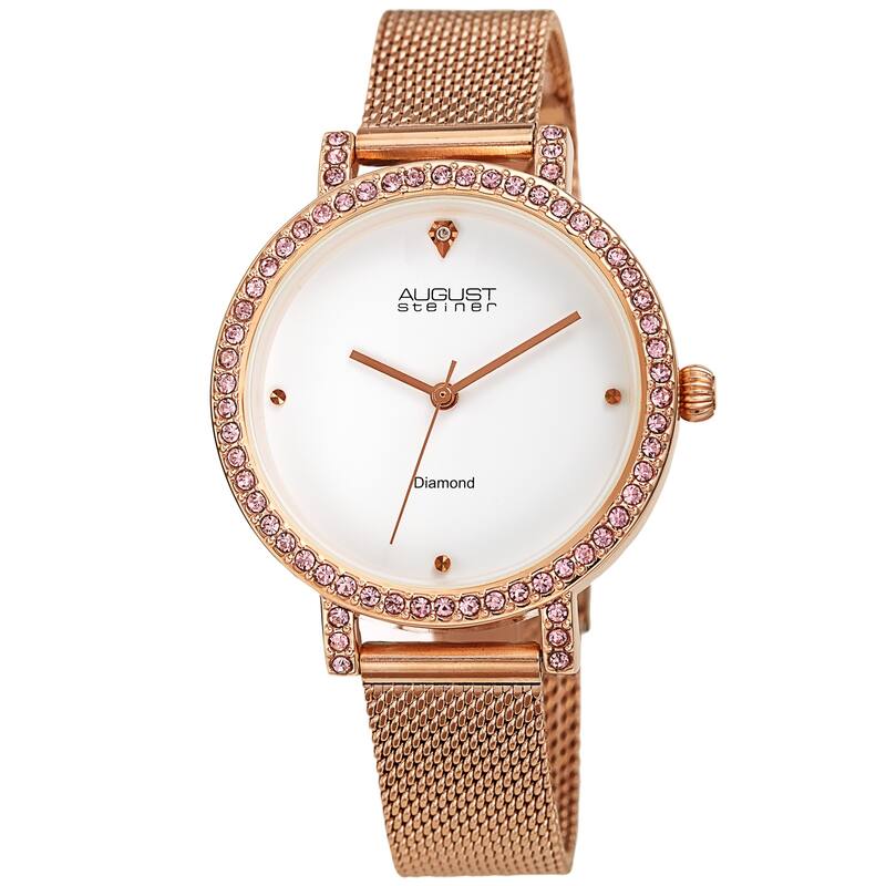 August Steiner Women's Quartz Diamond and Crystal Stainless Steel Mesh Band Watch