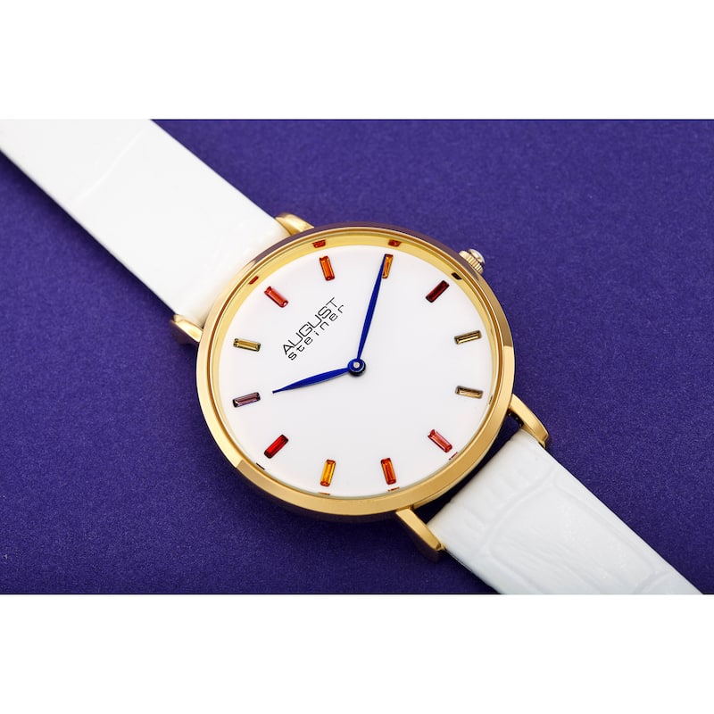 August Steiner Women's Quartz Multicolored Baguette Crystals Embossed Leather Strap Watch