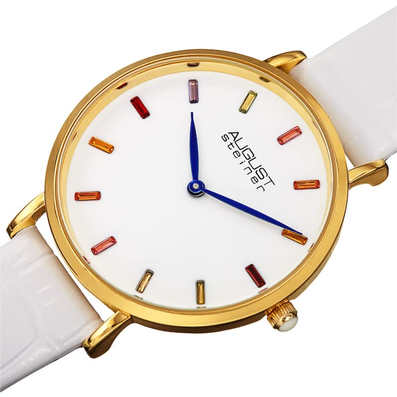 August Steiner Women's Quartz Multicolored Baguette Crystals Embossed Leather Strap Watch - White