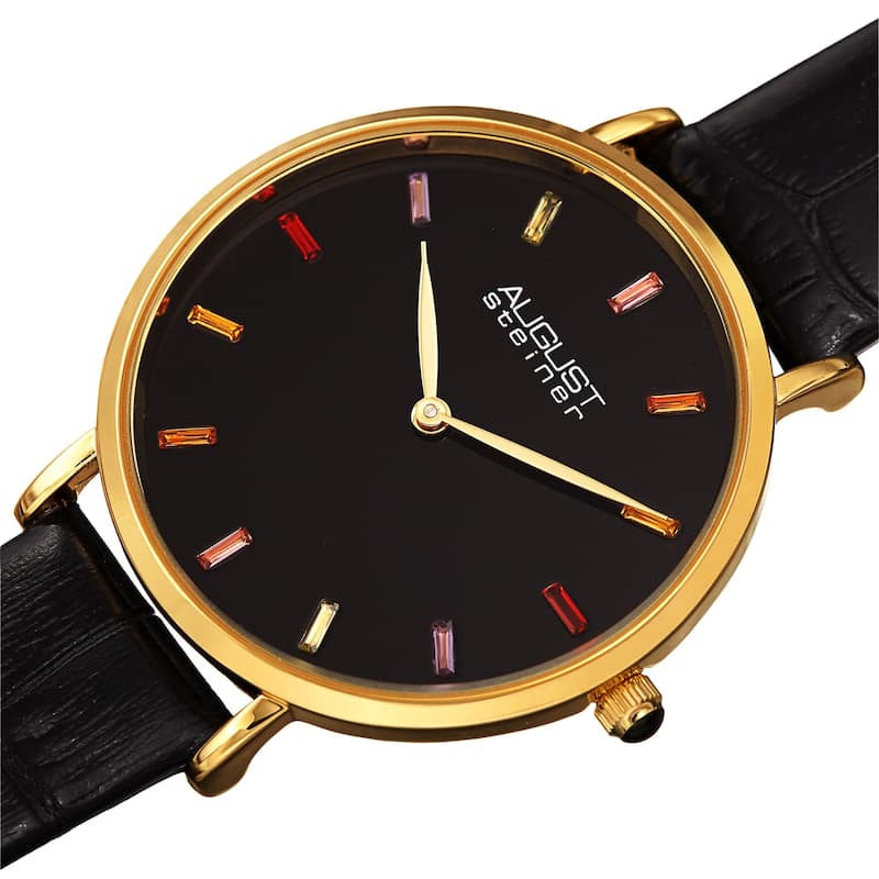 August Steiner Women's Quartz Multicolored Baguette Crystals Embossed Leather Strap Watch