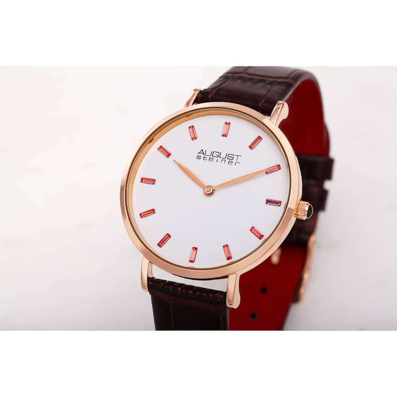 August Steiner Women's Quartz Multicolored Baguette Crystals Embossed Leather Strap Watch