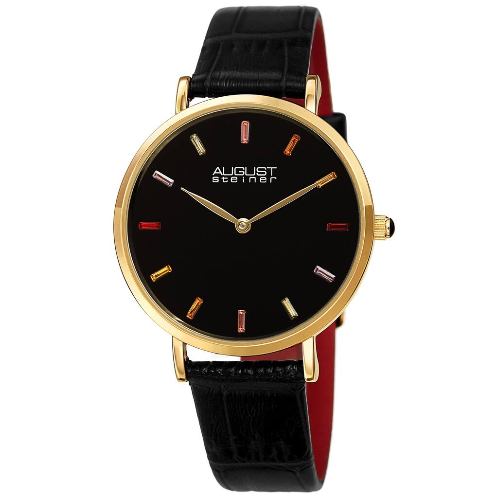 August Steiner Women's Quartz Multicolored Baguette Crystals Embossed Leather Strap Watch