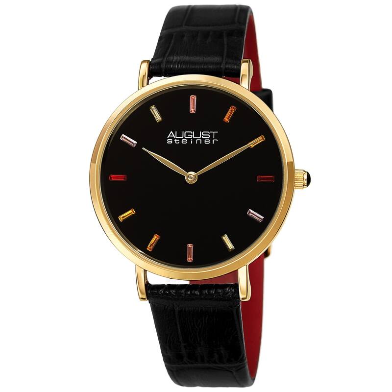 August Steiner Women's Quartz Multicolored Baguette Crystals Embossed Leather Strap Watch