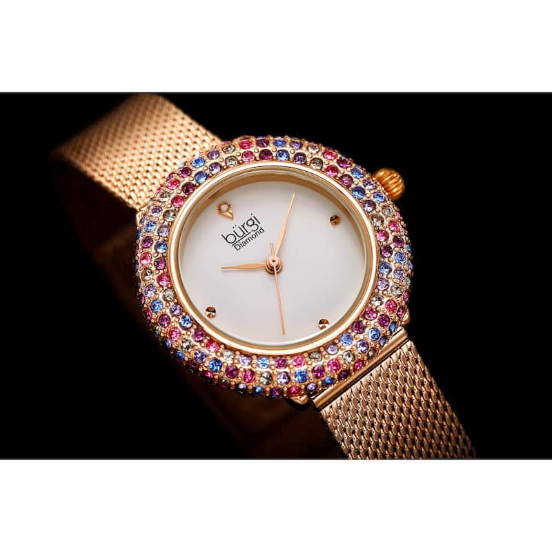 Burgi Women's Quartz Swarovski Crystal and Diamond Stainless Steel Mesh Bracelet Watch