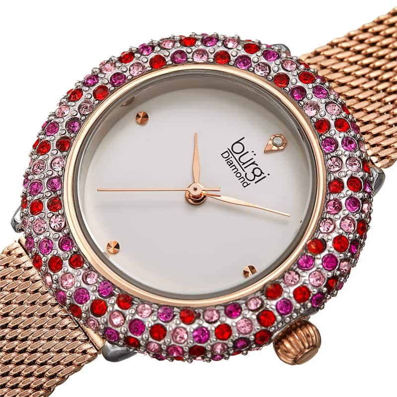 Burgi Women's Quartz Swarovski Crystal and Diamond Stainless Steel Mesh Bracelet Watch - Rose Gold