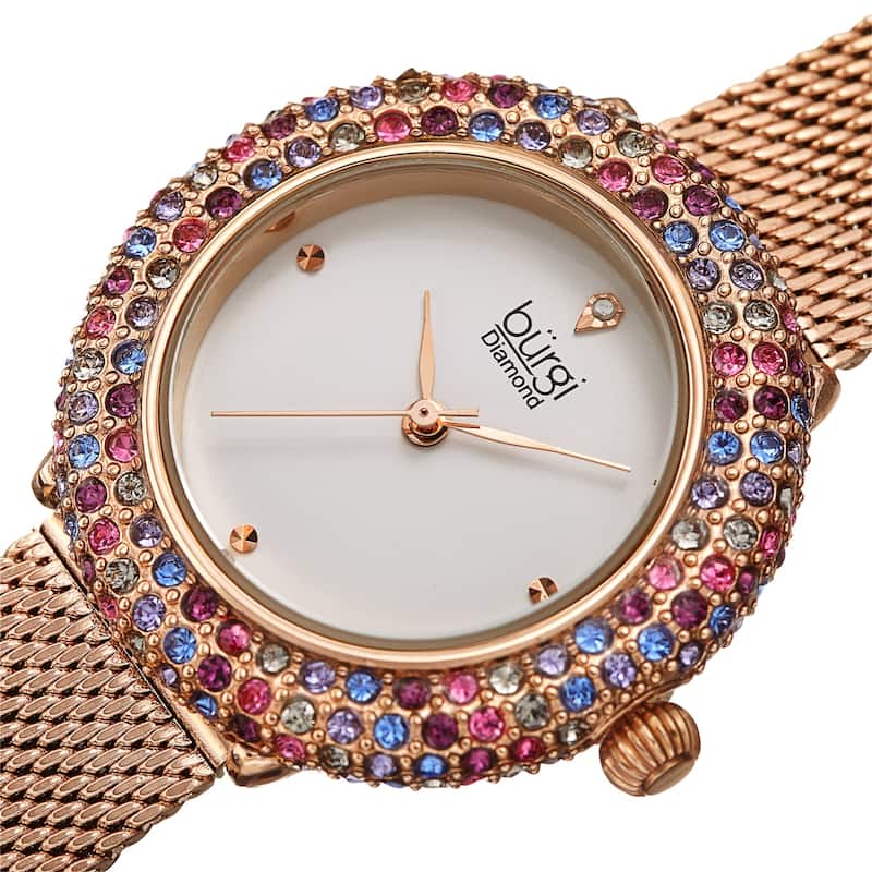 Burgi Women's Quartz Swarovski Crystal and Diamond Stainless Steel Mesh Bracelet Watch