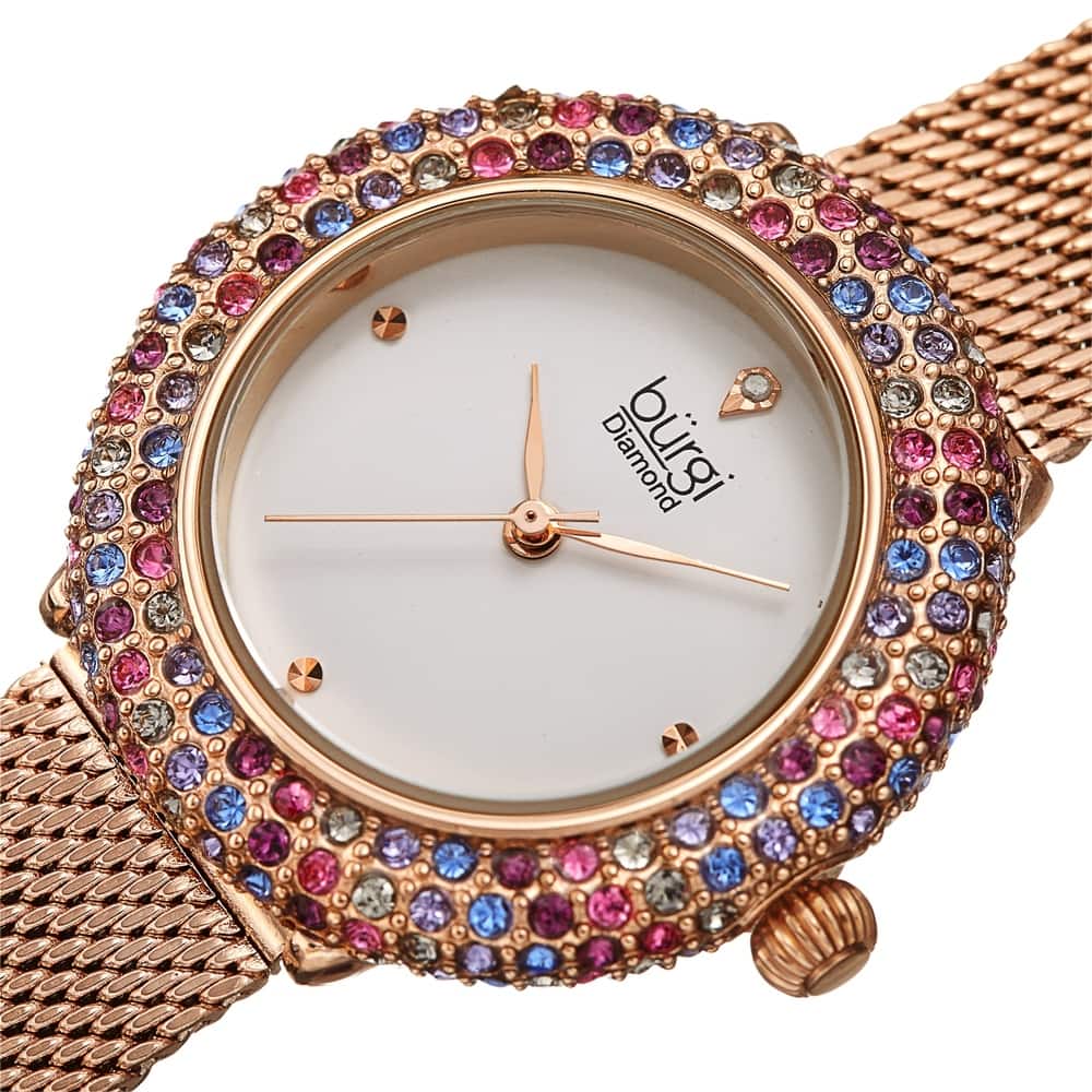 Burgi Women's Quartz Swarovski Crystal and Diamond Stainless Steel Mesh Bracelet Watch