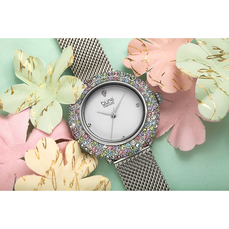 Burgi Women's Quartz Swarovski Crystal and Diamond Stainless Steel Mesh Bracelet Watch