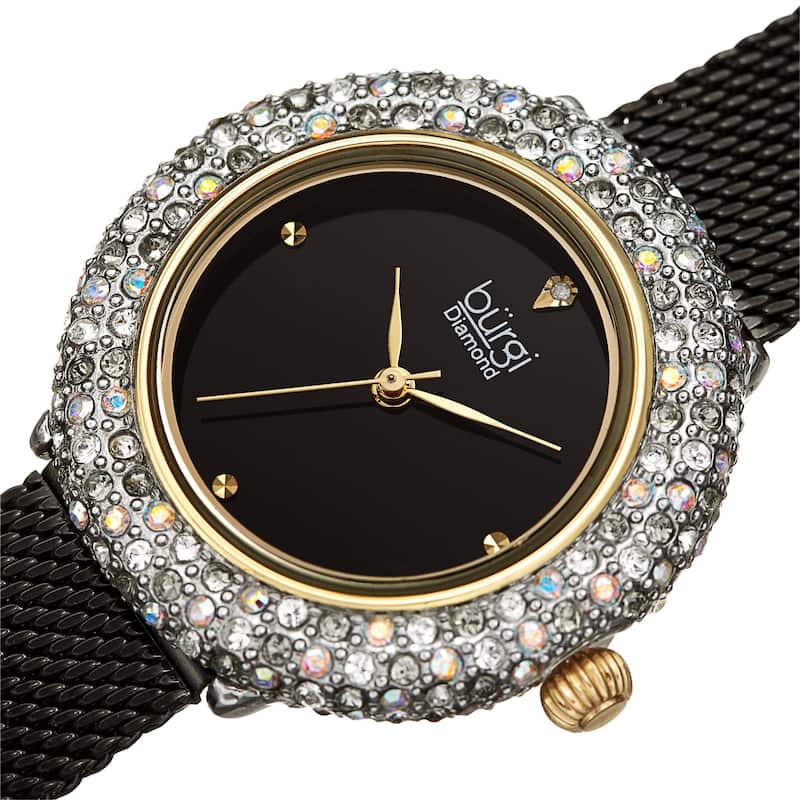 Burgi Women's Quartz Swarovski Crystal and Diamond Stainless Steel Mesh Bracelet Watch