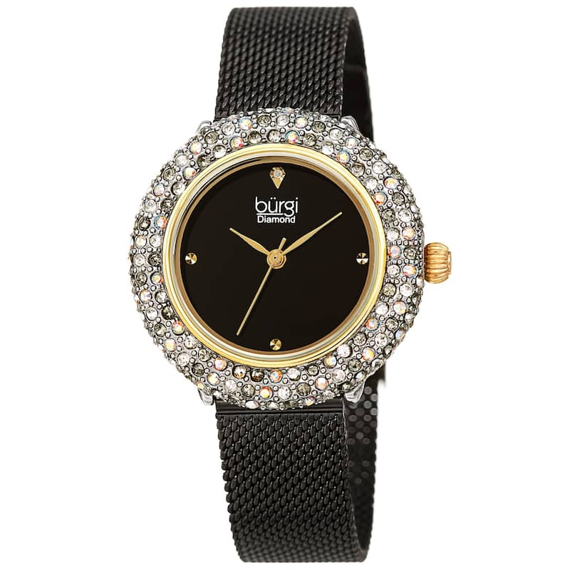Burgi Women's Quartz Swarovski Crystal and Diamond Stainless Steel Mesh Bracelet Watch