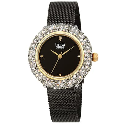 Burgi Women's Quartz Swarovski Crystal and Diamond Stainless Steel Mesh Bracelet Watch