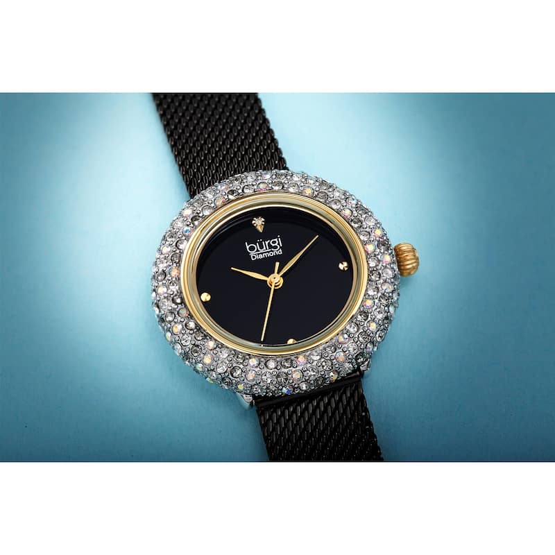 Burgi Women's Quartz Swarovski Crystal and Diamond Stainless Steel Mesh Bracelet Watch