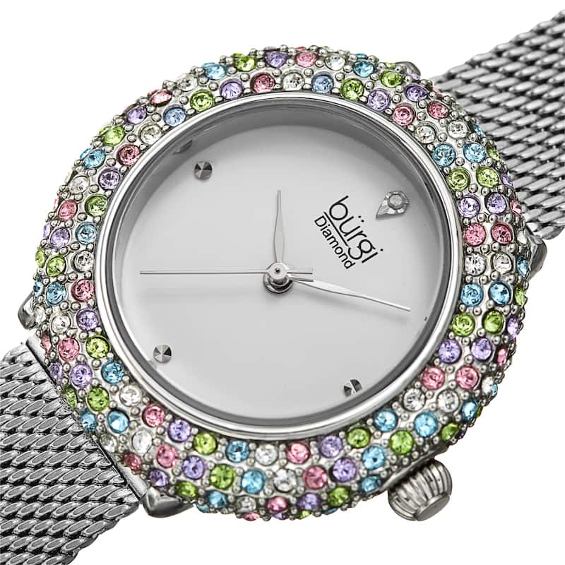 Burgi Women's Quartz Swarovski Crystal and Diamond Stainless Steel Mesh Bracelet Watch