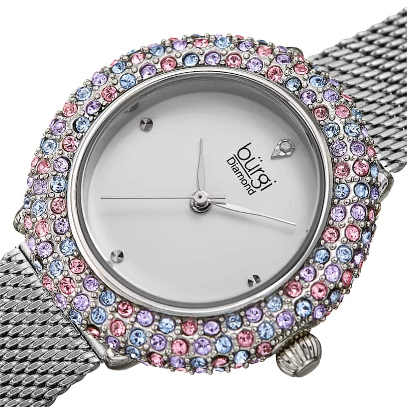 Burgi Women's Quartz Swarovski Crystal and Diamond Stainless Steel Mesh Bracelet Watch - Silver/Pink