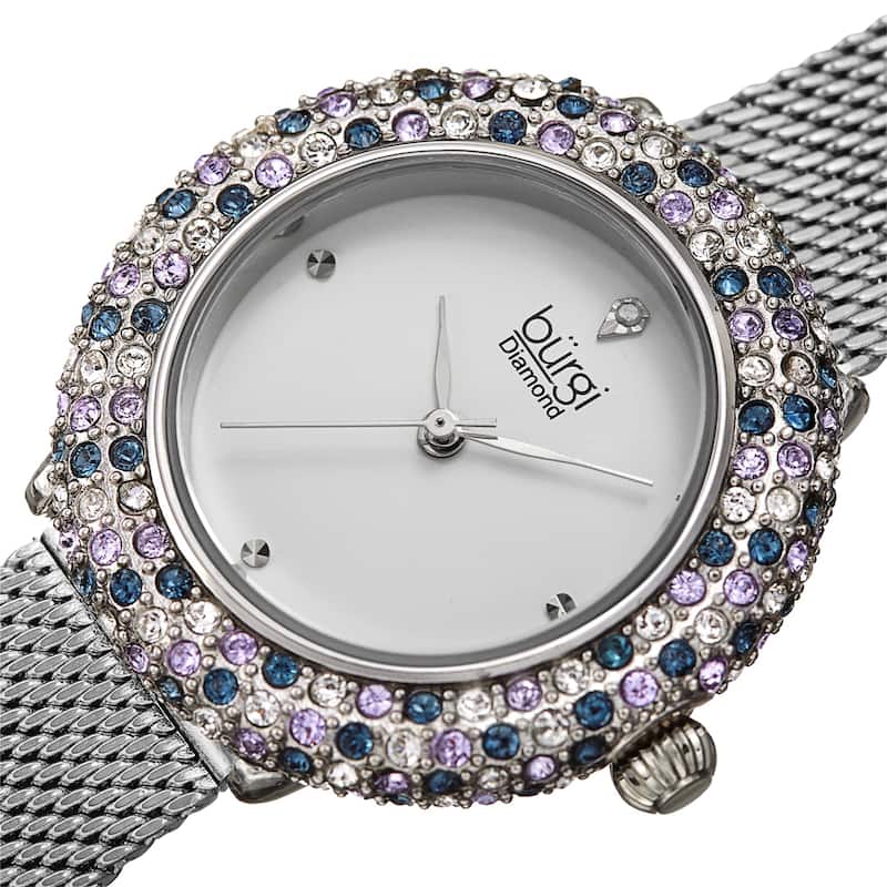 Burgi Women's Quartz Swarovski Crystal and Diamond Stainless Steel Mesh Bracelet Watch