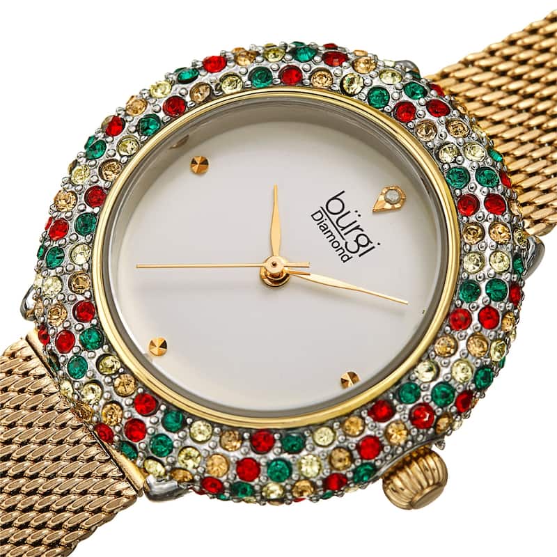 Burgi Women's Quartz Swarovski Crystal and Diamond Stainless Steel Mesh Bracelet Watch - Yellow Gold