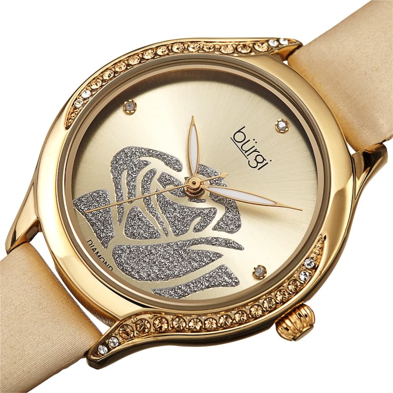 Burgi Women's Quartz with Diamond and Swarovski Crystals Rose Design Dial Leather Strap Watch