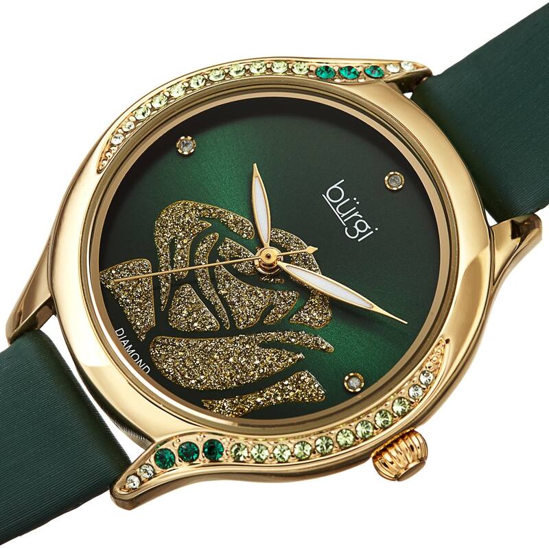 Burgi Women's Quartz with Diamond and Swarovski Crystals Rose Design Dial Leather Strap Watch
