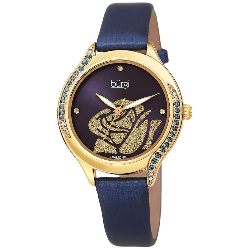 Burgi Women's Quartz with Diamond and Swarovski Crystals Rose Design Dial Leather Strap Watch