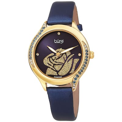 Burgi Women's Quartz with Diamond and Swarovski Crystals Rose Design Dial Leather Strap Watch