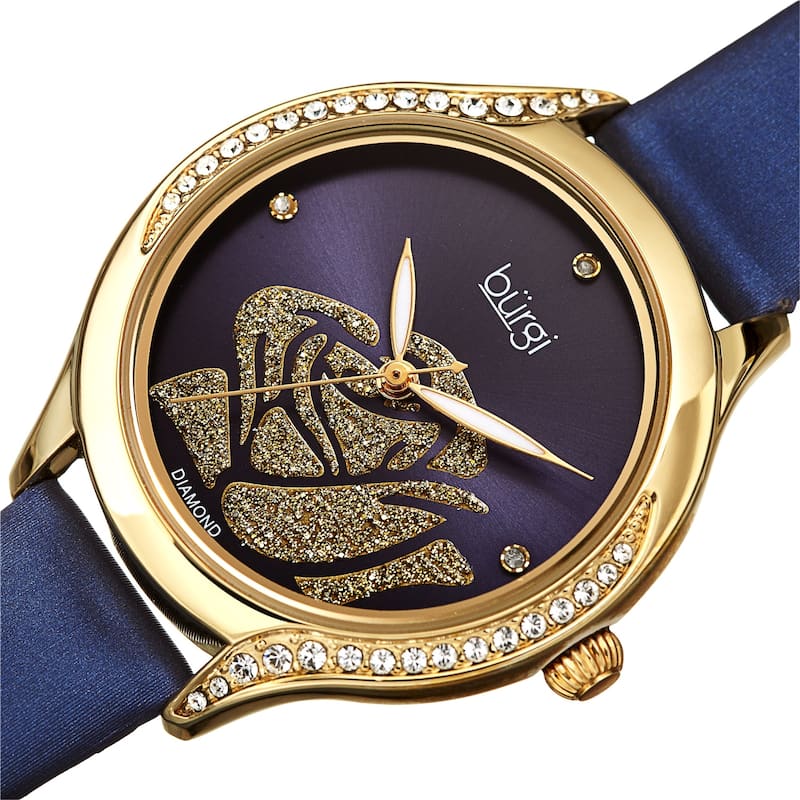 Burgi Women's Quartz with Diamond and Swarovski Crystals Rose Design Dial Leather Strap Watch - Yellow Gold/Blue