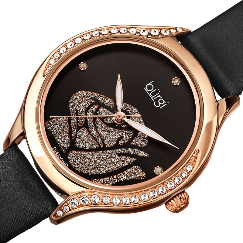 Burgi Women's Quartz with Diamond and Swarovski Crystals Rose Design Dial Leather Strap Watch - Rose/Black