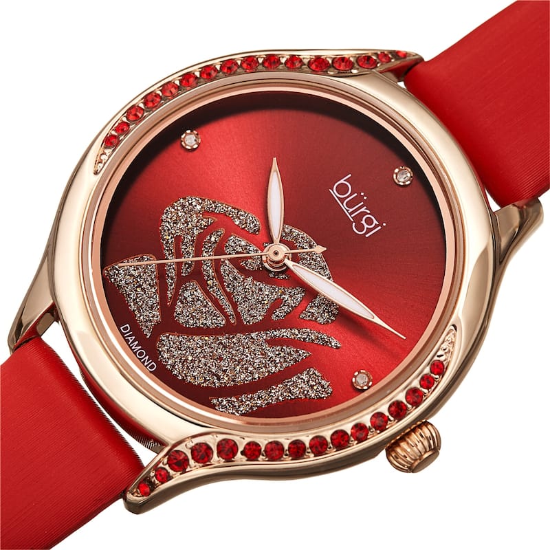 Burgi Women's Quartz with Diamond and Swarovski Crystals Rose Design Dial Leather Strap Watch