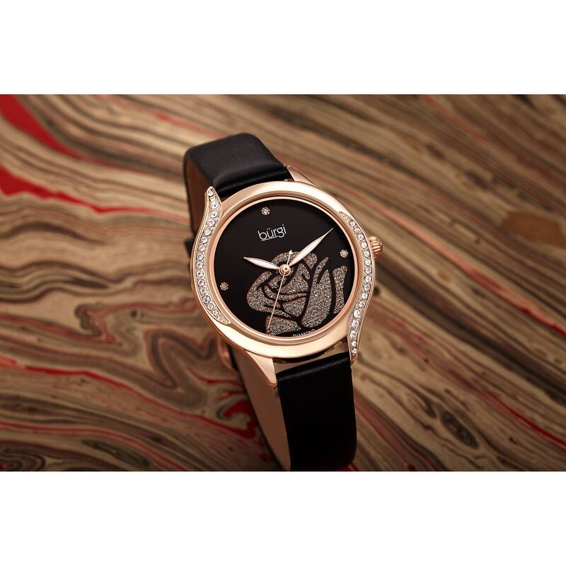 Burgi Women's Quartz with Diamond and Swarovski Crystals Rose Design Dial Leather Strap Watch