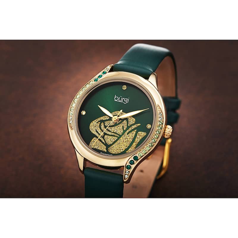 Burgi Women's Quartz with Diamond and Swarovski Crystals Rose Design Dial Leather Strap Watch