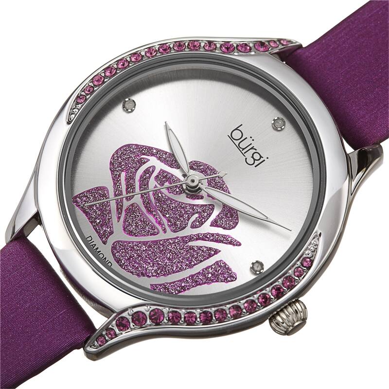 Burgi Women's Quartz with Diamond and Swarovski Crystals Rose Design Dial Leather Strap Watch